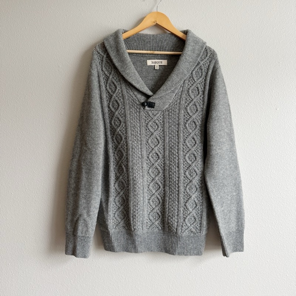 Barque Men’s Gray Wool Cable Knit Cowl Neck Sweater Size Medium